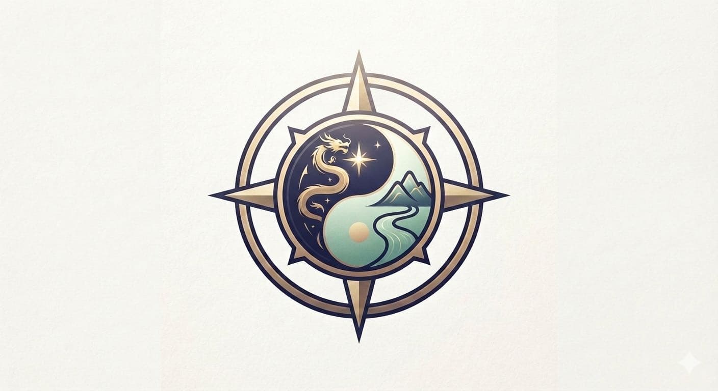Feng Shui compass with a Yin-Yang symbol, dragon, mountains, and flowing water